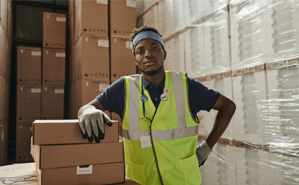 A worker in a warehouse with boxing